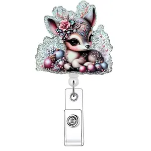 Cute Cartoon Deer Design Badge Clip, 1 Count Retractable Badge Reel, ID Card Clip for Nurses, Doctors, Students & Office Staff