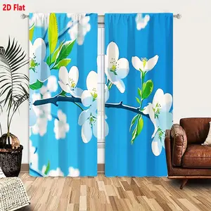 2D Flat 2-Pack Spring Cherry Blossom Curtains for Living Room, White Flowers on Branch Against Blue Sky Patterned Window Drapes with Soft Green Leaves, Bright Cheerful Freshness Home Decor for Bedroom