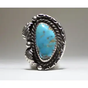 Turquoise ring size 6.50 long Navajo feathers southwest sterling silver