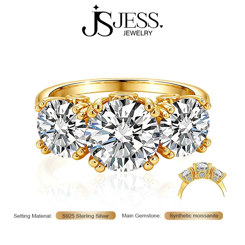 【Three Stone】2Carat 8mm, 1Carat 6.5mm DE Color VVS 1 Round Cut Moissanite Engagement Ring Wide Band, Brass and 18k Gold-Plated Wedding Band for Women