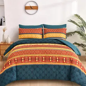Boho Comforter Set Queen Size,7 Pieces Bed in a Bag Bohemian Striped Bedding Set,Burnt Orange Paisley Floral Comfortet and Sheet Set,Soft Microfiber Bedding Sets for All Season