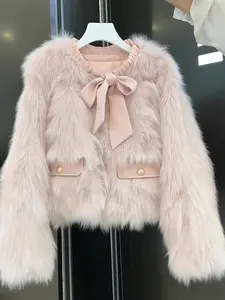 Elegant Women's Faux Fox Fur Coat,  Long Sleeve Fashionable Commuter Jacket, Warm Comfortable Short Design with Bow Detail