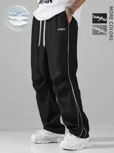Men's Casual Comfortable Sports Pants, Embroidered Letter Design, Drawstring Waist, Side Stripes, Spring & Summer Fashion.cheetah striped pants.black track, Casual Sweatpants, Athleisure Style Bottoms