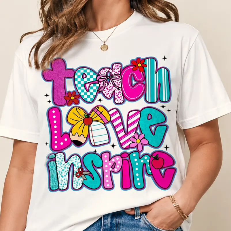 Women's 200GSM Short Sleeve Cotton-Spandex Graphic Tee - Breathable, Casual, Comfortable Fit, Teach Love Inspire Print, Colorful Everyday Teacher Top