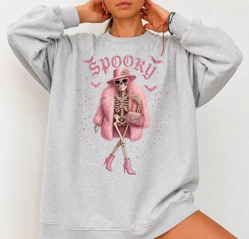 Spooky Glam Skeleton Sweatshirt for Women: Pink Halloween Hoodie, Y2K Clothing