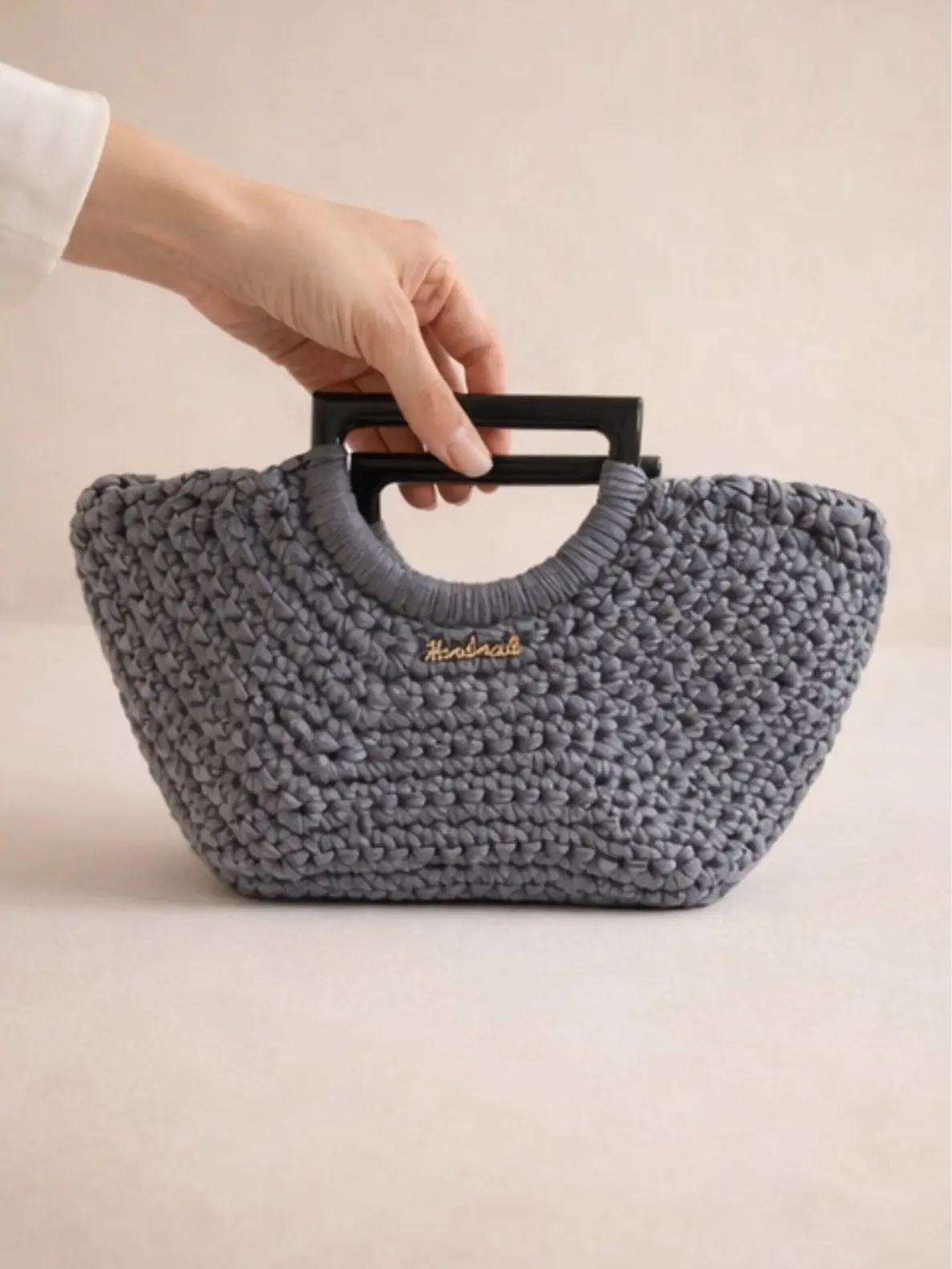 Women's Handmade Chunky Knit Crochet Handbag - Gray, Elegant, Lightweight, Gold Chain Strap (13"x6"), Double Handle, Casual, Crochet Techniques, Made to Order, Hand Wash Only