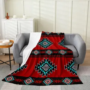 Western Aztec Flannel Blanket 40"X50" Native American Navajo Fleece Blanket for Women Adult Teen Southwestern Geometric Fuzzy Plush Throw Ethnic Rustic Farmhouse Decor for Bed Couch, Red