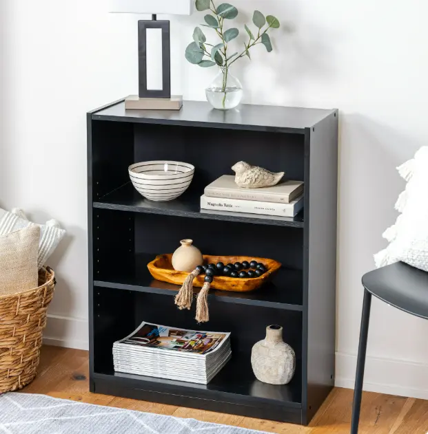 Modern Black Oak Bookcase – 3 Tiers, Custom Height