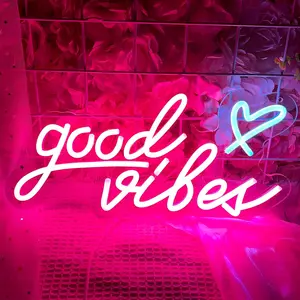 Good Vibes Neon Signs for Wall Decor, Pink Neon Lights Sign with Heart, LED Neon Light for Bedroom Dorm Girl Studio Party - 16 X 8 Inch KAEGORT