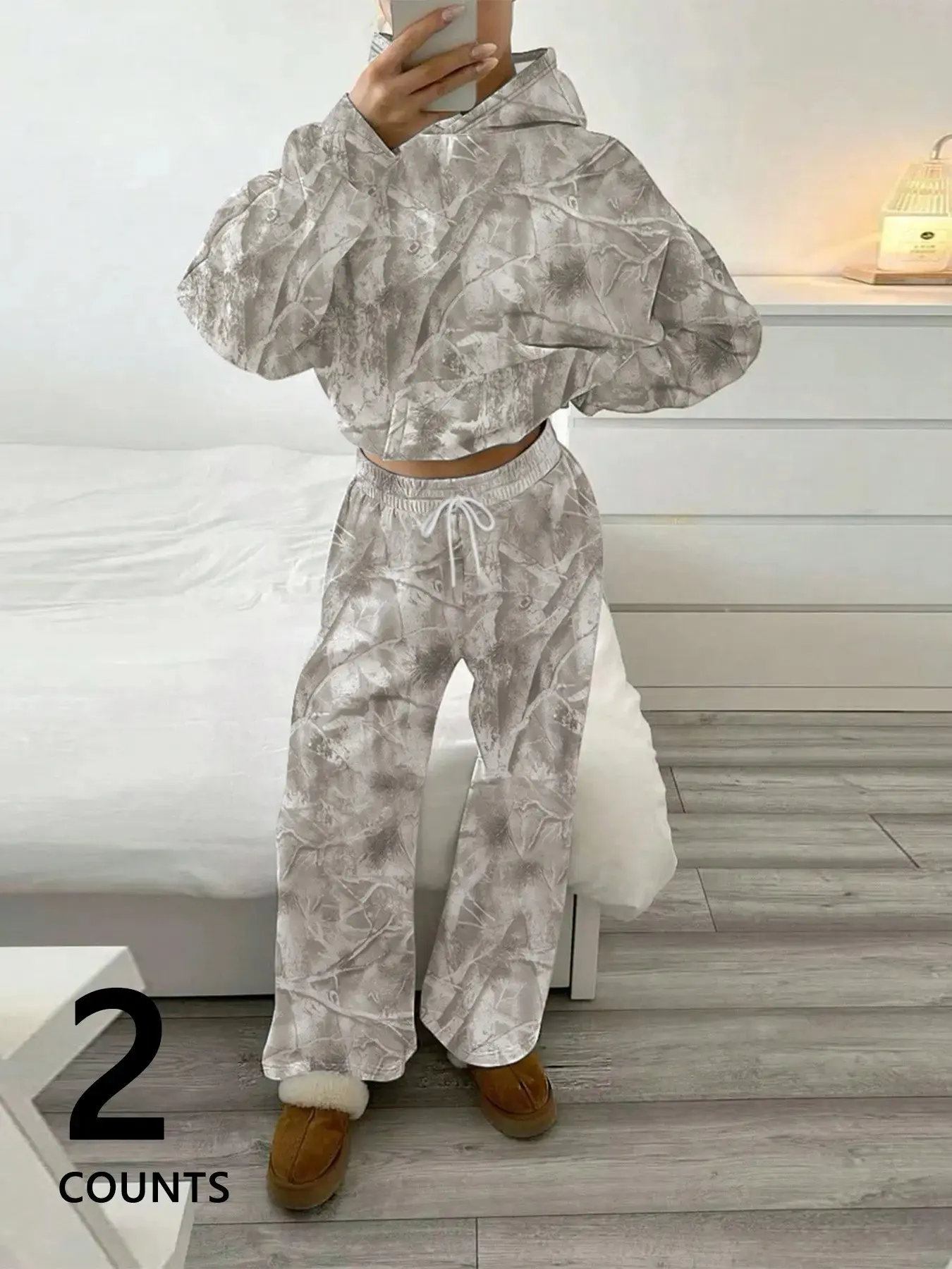Women's Casual Two-Piece Set, Hooded Fitted Long Sleeve Sweatshirt & Drawstring Pants, Light Floral Print Fabric, Street Style, Streetwear Set, Fashionable & Trendy Clothes, Womenswear