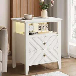 LED Nightstand with 2 Storage Drawers,White Farmhouse Bedside Table with RGB Lighting, Open Shelf and Sturdy Wooden Legs, Rustic Side Table for Bedroom, Living Room, Office