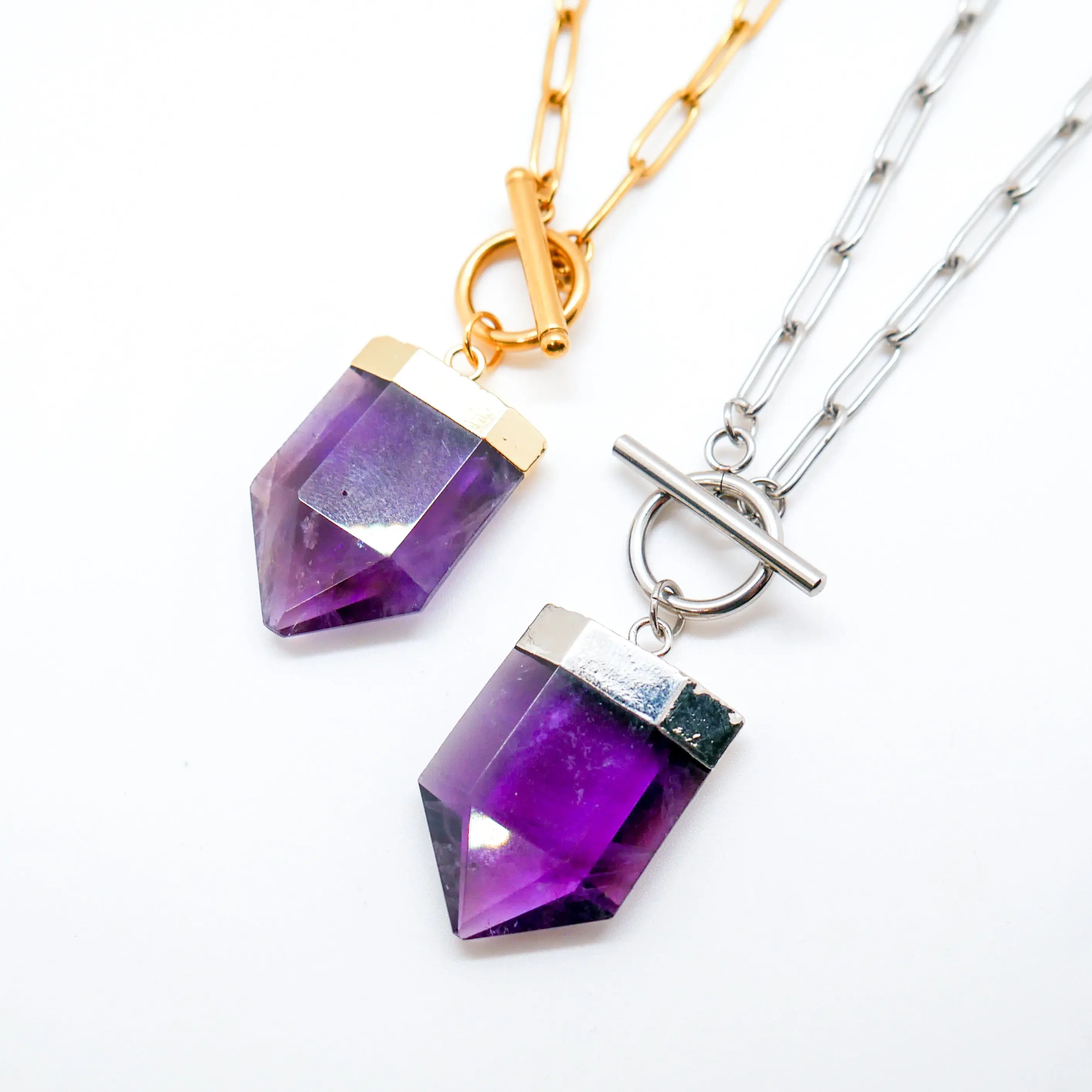 Rebirth Jewelry Intuitive Amethyst Toggle Necklace Paperclip Chain Adjustable 17-19 Inches Crystal Pendant Copper Toggle Clasp