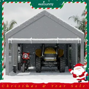Walsunny Carport 10/12x20ft Outdoor Car Canopy Portable Garage, Heavy Duty Shed Tent Port with Roll-up Ventilated Windows & Removable Sidewalls Shelter Storage Vehicle Party Moisture Prevention for Camp, Farm, Tool, Grey, White Durable Pvc