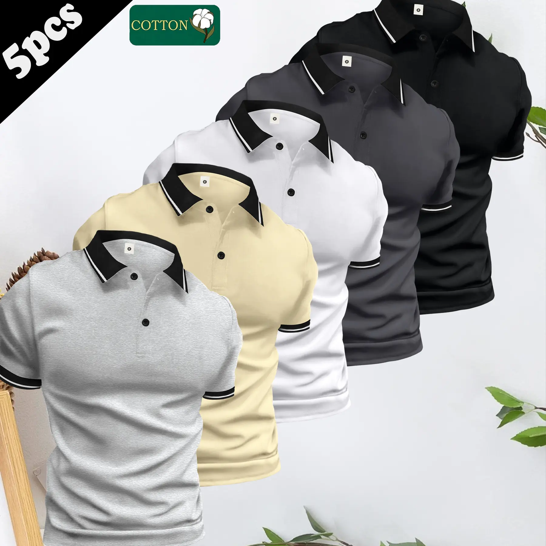 Men's 5-Piece Polo Shirt Set, Pure Cotton Fitted Short-Sleeve Casual Collared Shirts for Summer Golf & Office, Menswear, Casual Golf Polo, Fitted Casual Collared