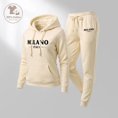 Women's MILANO City Print Hoodie And Drawstring Track Pants Set, Casual Sportswear, Long-Sleeved Hooded Jacket And Pants, Suitable For Autumn And Winter, Everyday Wear, Indoor And Outdoor Sportswear, Sportswear Set, Casual Sportswear.