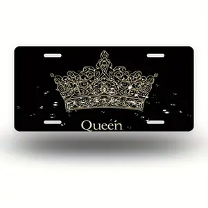 Black Crown "Queen" Design Aluminum License Plate – Rustproof, Waterproof, Fit for Cars, 12x6 Inches, Stylish Car Accessory with Golden Crown & Sparkling Lights Effect