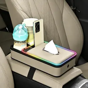 5-in-1 Arm Rest Cover for Car with LED Ambient Light, Center Console Organizer with USB/PD Fast Charging, Universal Car Armrest Organizer for SUVs & Trucks (Beige)