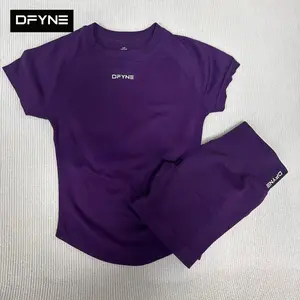 (With Logo) DFYNE New Matte Nylon Seamless Short Sleeve Tight Shorts Set Women - High Stretch Sculpting Yoga Workout 2-Piece Activewear