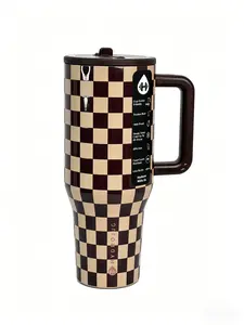 HydroJug 40oz Brown Checkered Tumbler with Handle & Straw | Leakproof Insulated Stainless Steel Cup, Keeps Cold 24H, Cup Holder Friendly