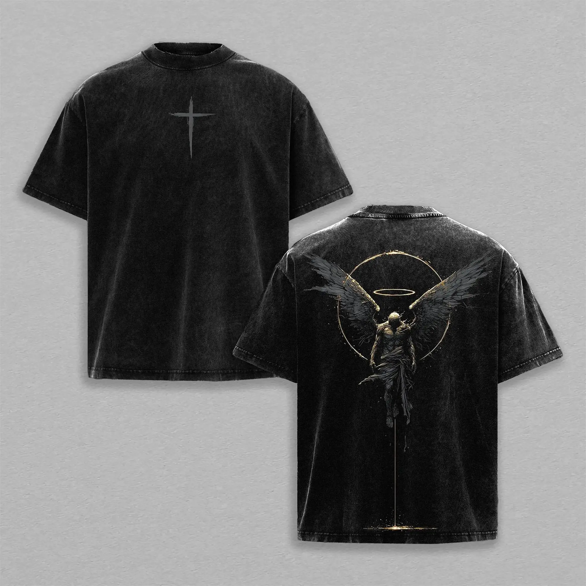 Men's Oversized Gothic Streetwear Short-Sleeve Heavy Cotton T-Shirt - Vintage Distressed Fabric, Fallen Angel Graphic, Double Print, Acid Wash, Casual Fit, Crusader Armor, Archangel Of Repentance, Cross, Soft, Classic Basics, Halloween