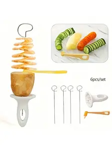1 Set/6-Piece Multi-Function Spiral Potato Slicer, Stainless Steel Manual Tornado Vegetable Cutter, Does Not Include Flint Or Magnesium Rod, Ideal For Barbecue And Camping Kitchen Tools,summervibes
