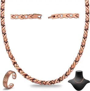 Copper Necklace for Men Women - Magnetic Necklace 99% Solid Pure Ring Set Ultra Strength Magnets - Copper Chain with Adjustable Sizing Tool and Present Box