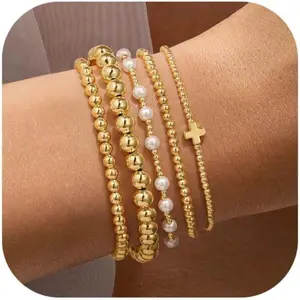 Bracelets for Women, Gifts for Her Kids Teen Girl - Golden Dainty Round Beaded Ball Pearl Cross Bracelets Stack Set for Women Trendy Non Tarnish Teenage Girls Stackable Jewelry Gift