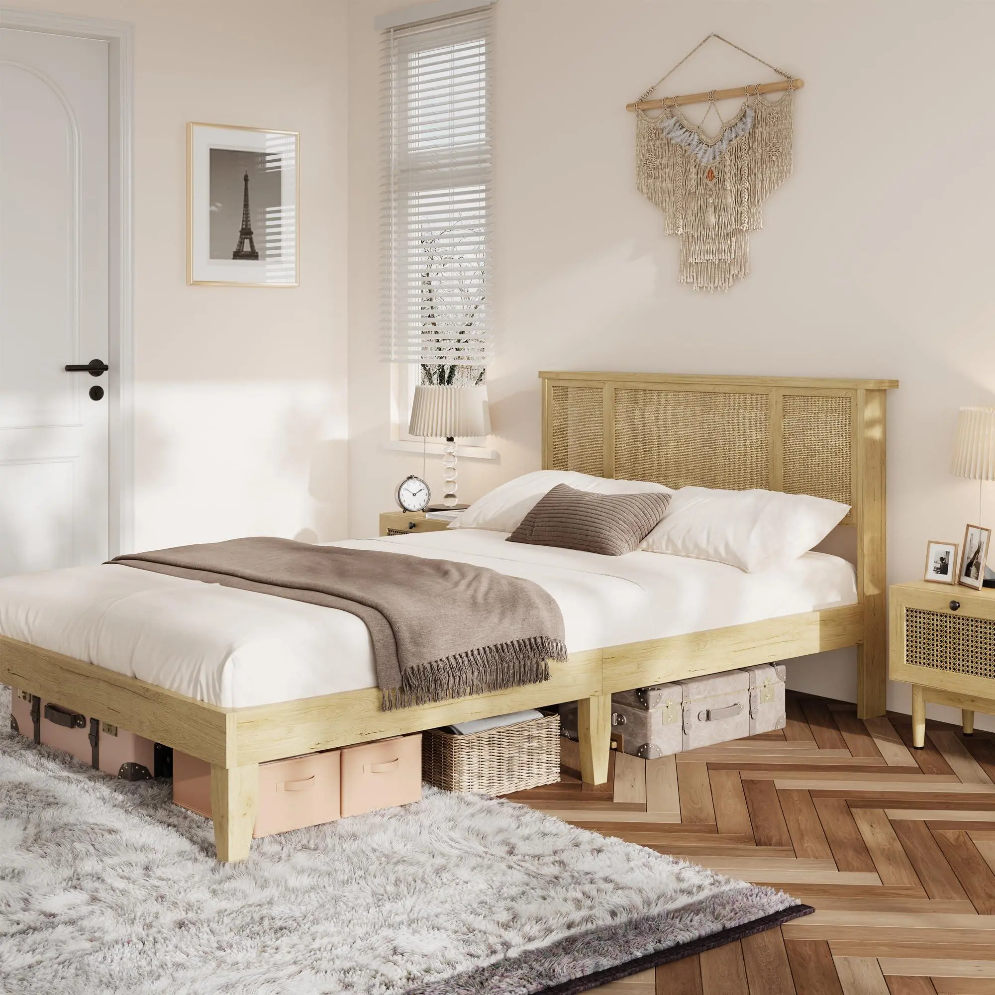 Garvee Rectangular Full Bed Frame with Natural Rattan Headboard, Rattan-Wood Slatted Base, Sturdy Metal Support, Boho-Style Cane Mattress Holder, No Box Spring Required