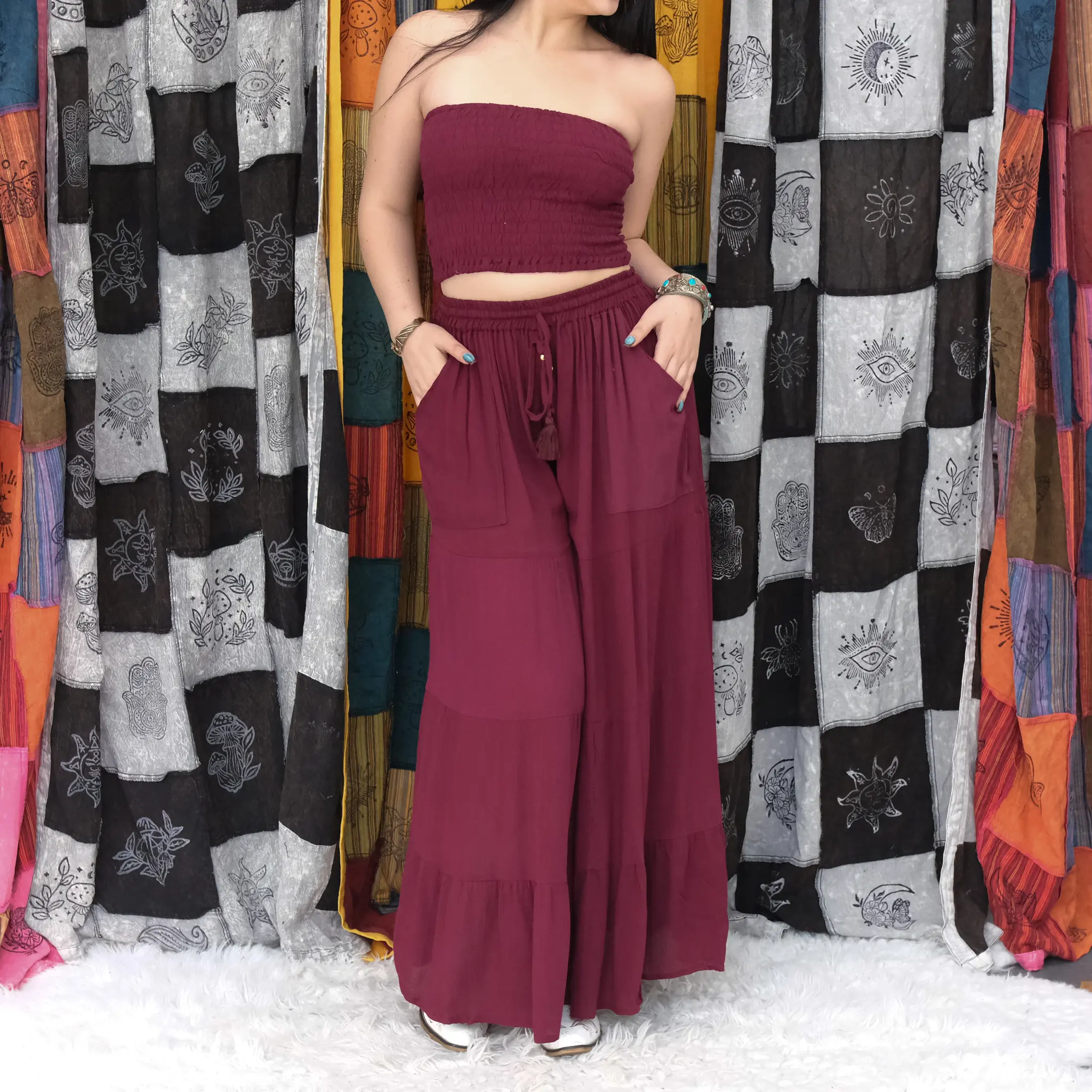 Boho Tube Top Set With Flowy Tiered Wide Leg Pants, Smocked Strapless Crop Top, Pockets, Festival Outfit
