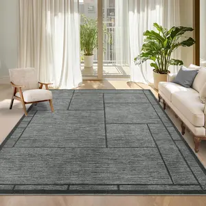 Garvee Washable Geometric 9x12 Area Rug for Living Room and Bedroom, Indoor Modern Patchworked Non-Slip Nursery Rug, Low Pile Minimalist Home Decor Carpet for Dining Room and Office in Dark Grey