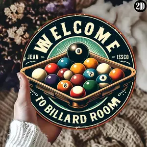 Vintage Circular Aluminum Billiards Sign - 8" Pool Stick & Ball Decor for Bars, Game Rooms & Gyms