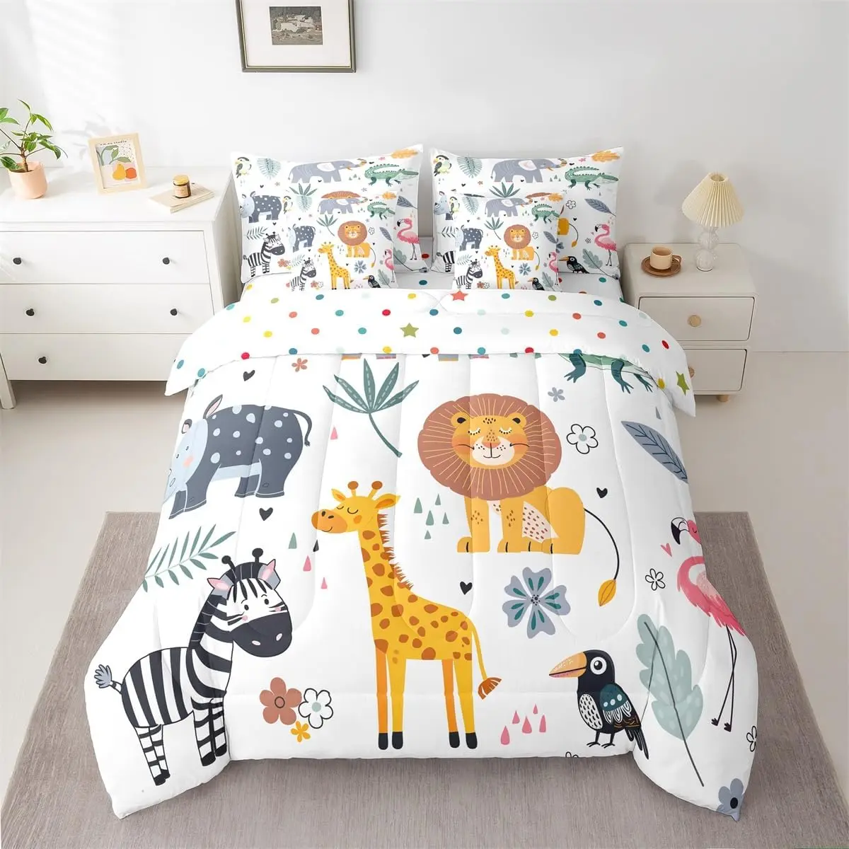 Feelyou 7-Pc Zoo Animals Twin Bed-in-a-Bag Bedding Set - Fun Design Bedroom Decor with Cartoon Safari Comforter, Pillowcases, Flat Sheet, Fitted Sheet, Cushion Cover, Nursery Ideas (Queen Size Option Available), Bedding Sets Collections