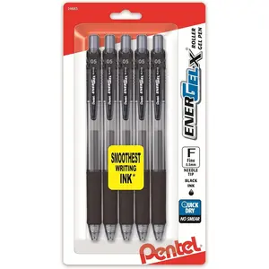 Pentel EnerGel-X Retractable Liquid Gel Pen, 0.5mm, Fine Line, Needle Tip, Black Ink, 5 Pack (BLN105BPS5A)