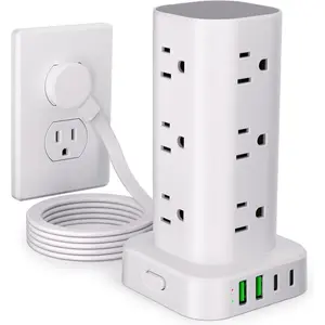 Power Strip Tower with Multiple Outlets, Flat Plug Surge Protector Tower Extension Cord with 12 AC Outlets 4 USB Ports (2 USB C), 6FT Cord Power Tower Surge Protector for  Office Dorm Room, White