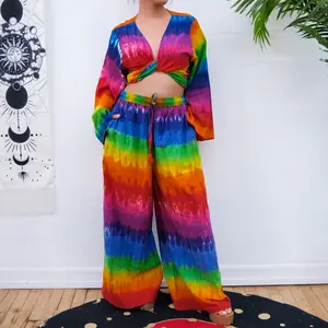 Pride Festival Palazzo Pant with Bell Sleeve Top, Rainbow Colorful Wide Leg Pants, Plus Size Inclusive, LGBTQ Fashion, Boho Hippie Flare Pants, Multicolor Trousers
