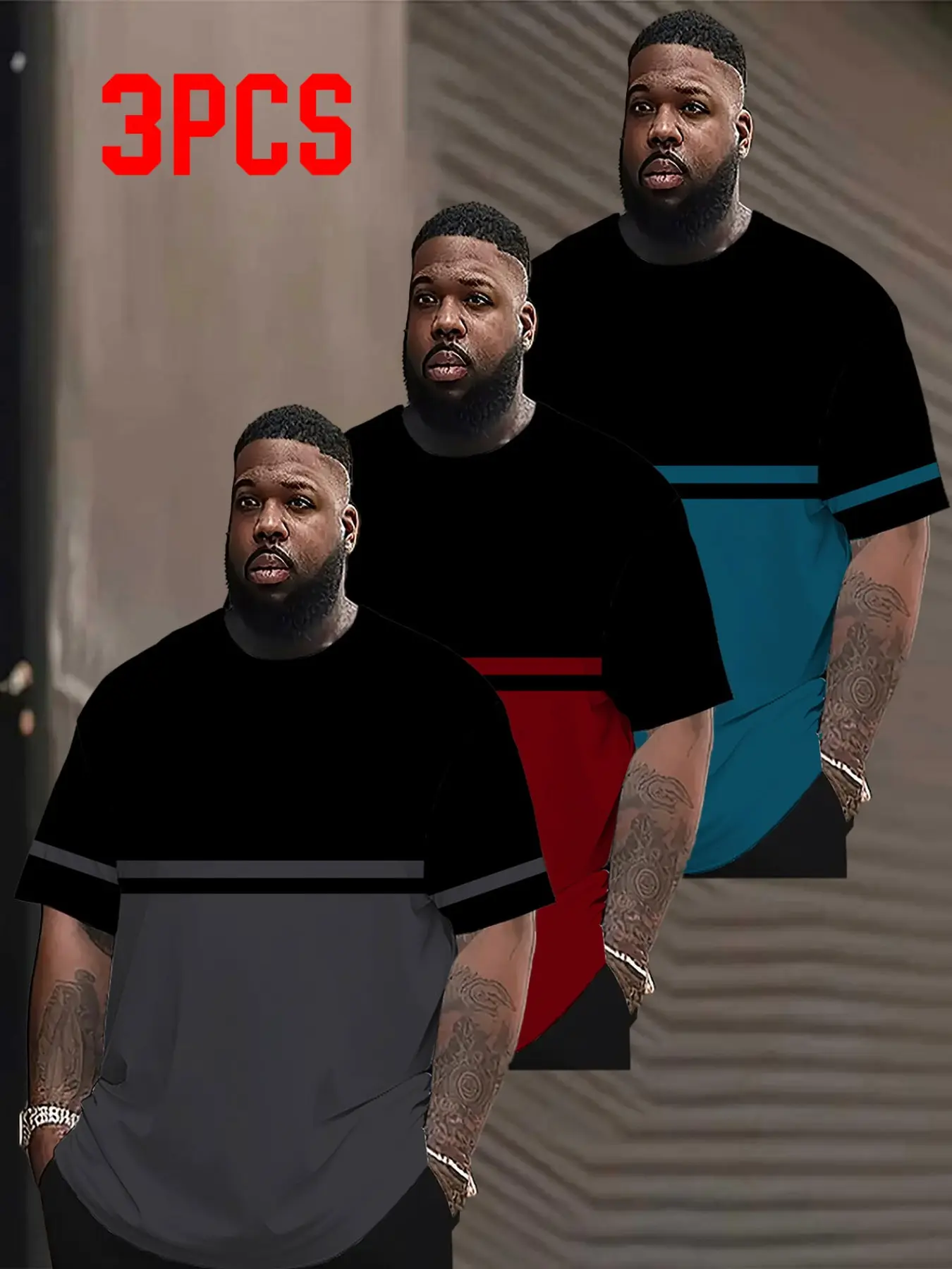 3-Pack Plus Size Men's Casual Streetwear Colorblock Short Sleeve T-Shirts, Casual Graphic Top, All over Print, Loose-Fitting, Ideal Gift for Men, Daily Wear, Menswear