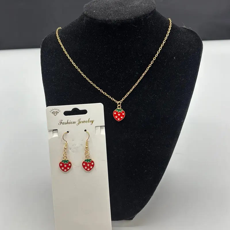 Strawberry Jewelry Set - Gold Chain Necklace & Earrings with Red Strawberry Design for Snack Lovers