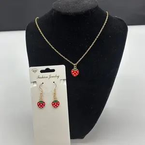 Strawberry Jewelry Set - Gold Chain Necklace & Earrings with Red Strawberry Design for Snack Lovers