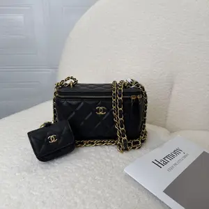 Pre-owned CHANEL Black Caviar Leather Vanity Case with Gold Hardware, Mother & Mini Set, Chip Version 16