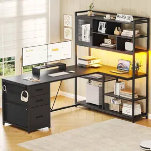 Sikaic 58 Inches L Shaped Gaming Desk with LED Light 3 Drawers and Bookshelf Storage Shelves Home Office Furniture Modern Open Bookcase