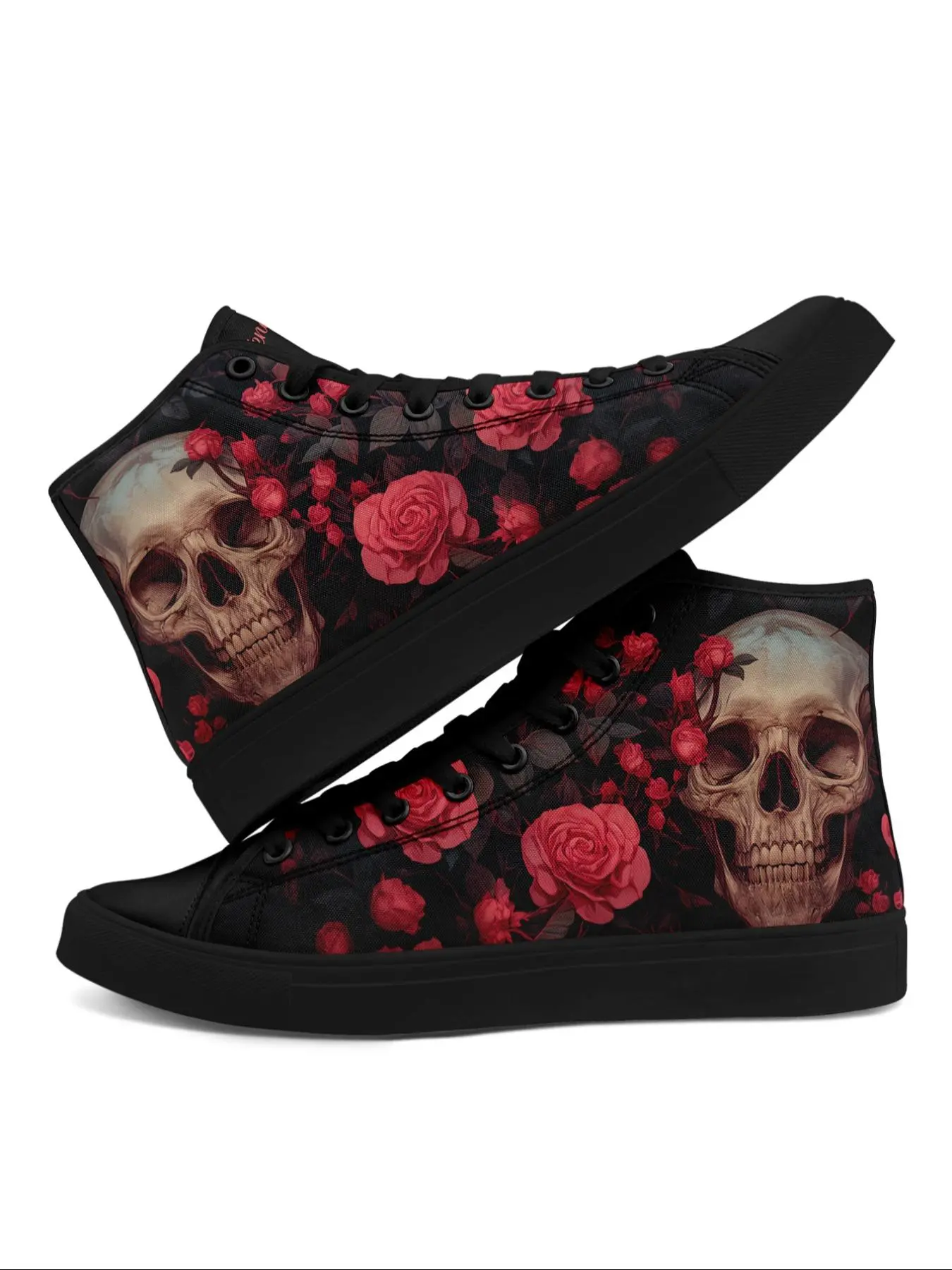 Women's Rose & Skull Print High Top Sneakers, Casual Comfortable Athletic Sports Shoes for Daily Wear, Female All-match Round Toe Shoes for Daily Wear