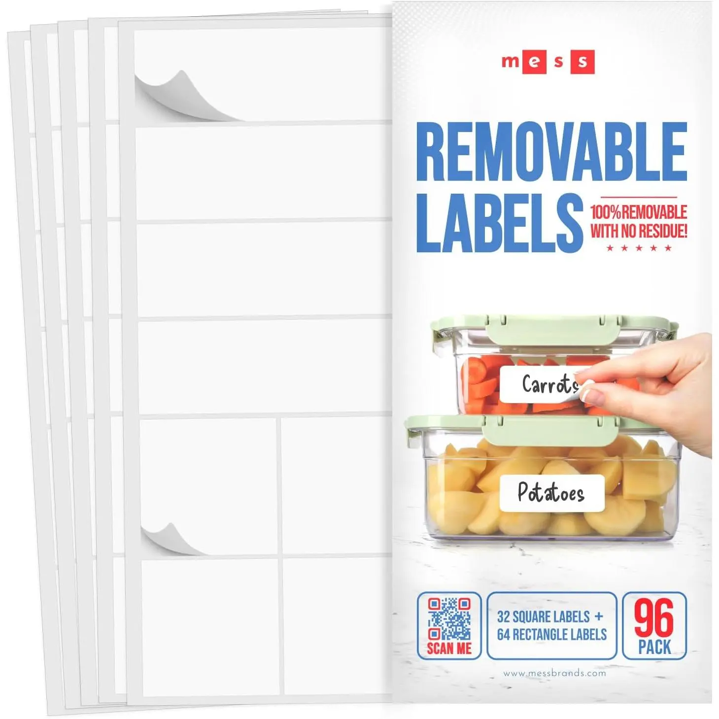Removable  Labels for Containers (96-Pack) 1x3" & 1.5" Erasable Kitchen Labels for Organizing, Freezer & Fridge, White Dry Erase Labels for Jars