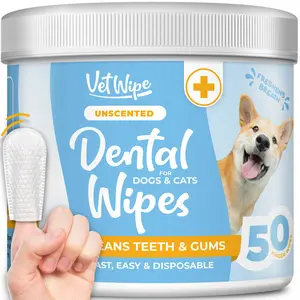 VetWipe Dog Teeth Cleaning Finger Wipes - Easy Cats & Dogs Dental Care Toothbrush and Tooth Brushing Kit, Freshen Bad Breath, Reduces Plaque - 50 Count