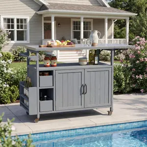 ARCH 54.33" Farmhouse Rolling Outdoor Kitchen Cart, Solid Wood Frame with Stainless Steel Top, Spice Rack, Towel Rack, Lockable Wheels & Multi-Functional Storage for Patio, Backyard BBQ & Kitchen