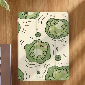 Cute green frog lotus leaf pattern, with adjustable bracket and pen slot, foldable non-slip TPU protective case, suitable for iPad mini, iPad Air, iPad Pro/iPad 10th generation, 11th generation and other series iPad protective cases