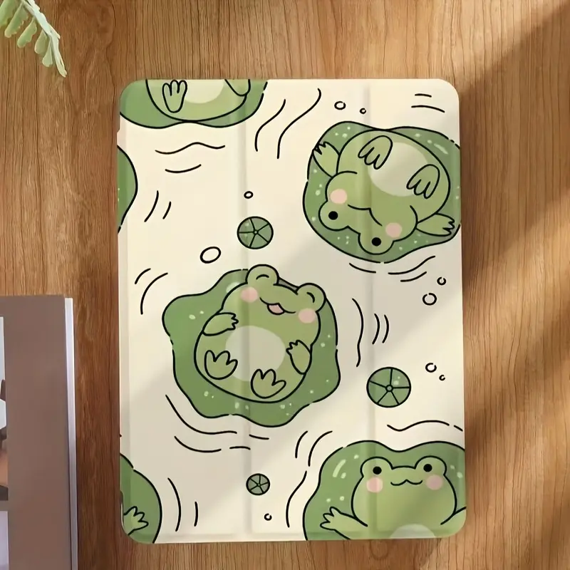 Cute green frog lotus leaf pattern, with adjustable bracket and pen slot, foldable non-slip TPU protective case, suitable for iPad mini, iPad Air, iPad Pro/iPad 10th generation, 11th generation and other series iPad protective cases