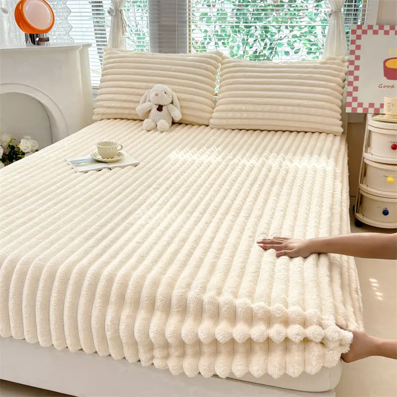 Elastic Bed Sheets, Fluffy Velvet Fitted Sheet, Super Warm Plush Mattress Cover with 11" Deep Pockets, Luxury Soft Fuzzy Bottom Sheet, Machine Washable and Non-Fade