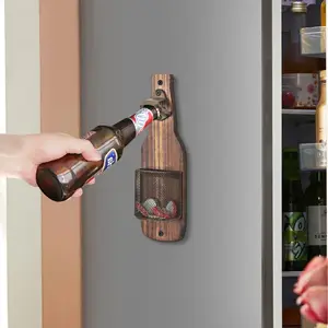 Wall Mounted Beer Bottle Opener with Cap Catcher - Vintage Wooden Kitchen/Bar Decor - Magnetic Hanging Opener for Home Bar Accessories