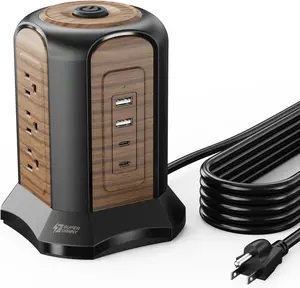 SUPERDANNY Power Strip Tower Surge Protector 10 Ft Extension Cord with 9 Outlets 4 USB Ports 1080 Joules 3-Prong Grounded Charging Station for Home Office Brown