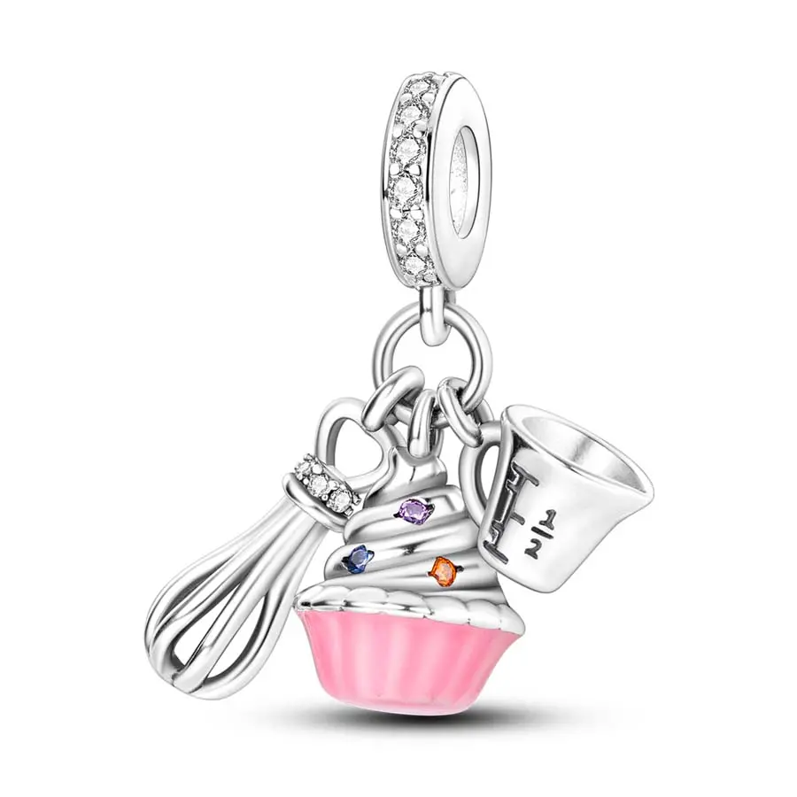 PARCOM Silver-Plated Cake Baking Charm Pendant for Women - Unisex Wear Option, Pendant Shape with Pink Cake, Piping Bag & Baking Utensils Details, DIY Jewelry for Daily Wear & Gifting, Everyday Use, Diy Accessory, Cake Theme